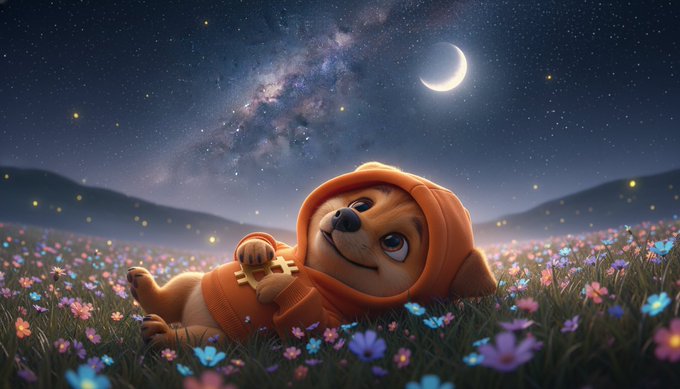 A Pixar-style golden puppy wearing an orange hoodie rests peacefully in a field of glowing flowers beneath a crescent moon and starry Milky Way, clutching a small object—evoking a sense of breaking from tired patterns and finding new beginnings under a hopeful night sky that complements the post's message of breaking cycles with $DOG.