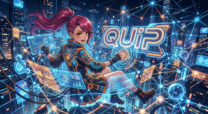 Anime-style digital artwork of a pink-haired character in tech gear floating in a neon cityscape with the word 'QUiP' displayed prominently.