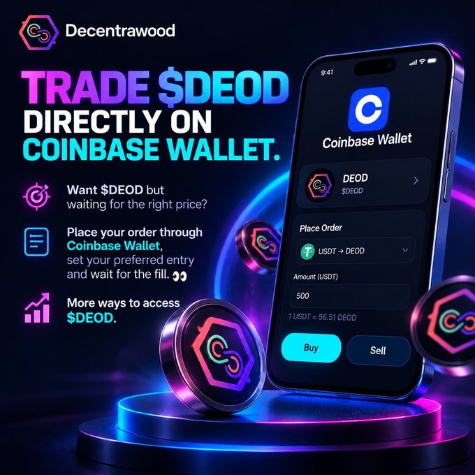A promotional graphic for Decentrawood's $DEOD token features the headline "TRADE $DEOD DIRECTLY ON COINBASE WALLET" alongside a mockup of a smartphone displaying a Coinbase Wallet order screen for swapping USDT to DEOD at a rate of 1 USDT ≈ 56.51 DEOD, with bullet points explaining how users can set their preferred entry price and access the token through various means.