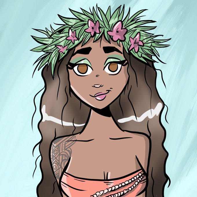 A cartoon-style illustration of a Polynesian-inspired woman with long wavy brown hair, wearing a green leaf and pink flower crown, and featuring a tribal tattoo on her shoulder, fitting the tropical "Vixens" theme of the MetaVixensNFT promotion.