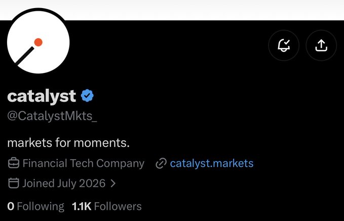 A Twitter/X profile for 'catalyst' (@CatalystMkts_) describing itself as 'markets for moments,' a Financial Tech Company that joined July 2026 with 1.1K followers.