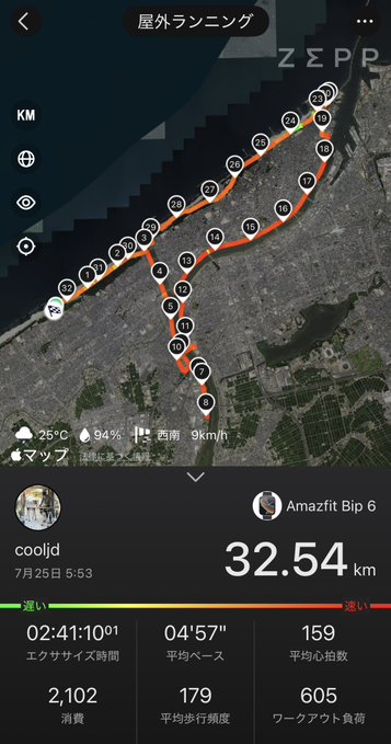 Zepp outdoor running map app showing a 32.54km route along a coastline, with stats including 2:41:10 exercise time, 4'57" average pace, 159 average stride index, and 605 calories burned