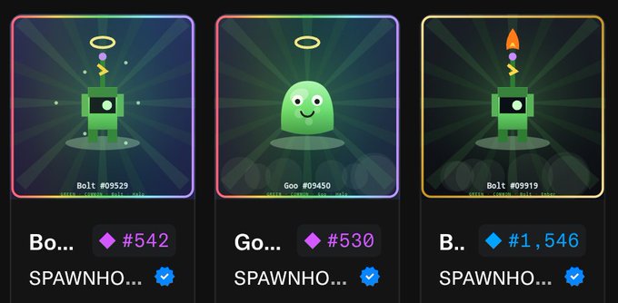 Three NFT cards featuring cartoon characters Bolt (#03529), Goo (#09450), and Bolt (#09919) with prices of #542, #530, and #1,546 respectively, all from SPAWNHOOD.