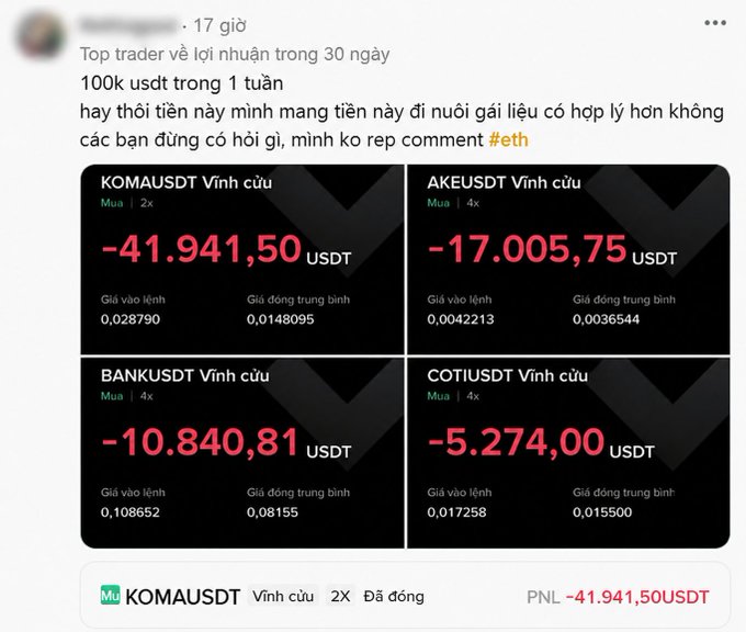 A Vietnamese social media post claims top trader profits of 100k USDT in one week, showing massive losses including KOMAUSDT -41,941.50 USDT and AKEUSDT -17,005.75 USDT.