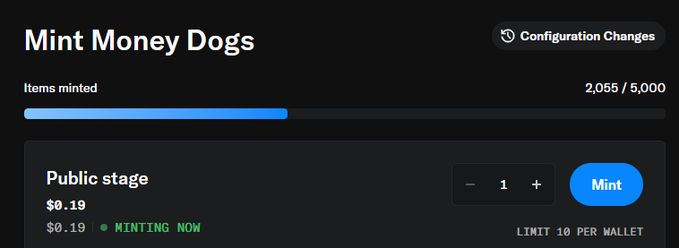 A screenshot of a minting interface titled 'Mint Money Dogs' showing a progress bar with '2,055 / 5,000' items minted, a public stage priced at $0.19, and a 'MINTING NOW' indicator with a limit of 10 per wallet.