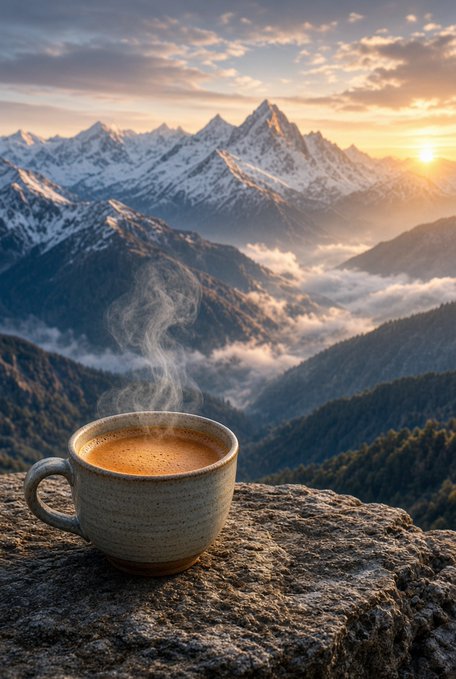 A steaming cup of coffee sits on a rocky ledge overlooking snow-capped mountains and valleys filled with clouds at sunset.