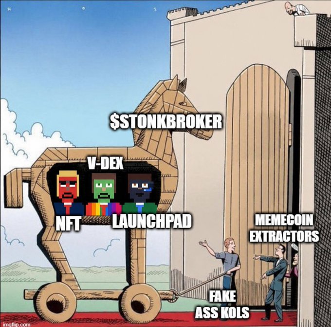 This meme depicts the "$STONKBROKER" project as a Trojan Horse, containing "V-Dex," "NFT," and "Launchpad," while being presented to "Memecoin Extractors" by "Fake Ass Kols."