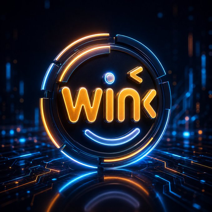 A glowing neon-style emblem displays the text "WIN" in bright orange, encircled by blue circuit-like rings and a smiley face, set against a dark background with circuit board patterns. The logo visually reinforces WINkLink's role as a tech-driven solution providing reliable price data for decentralized exchanges on TRON and BTTC.