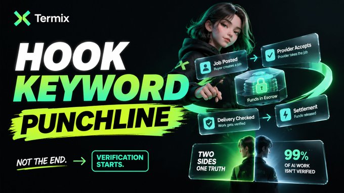 A bold promotional banner for Termix reading 'HOOK KEYWORD PUNCHLINE' and 'NOT THE END. VERIFICATION STARTS,' showing workflow steps like Job Posted, Provider Accepts, Delivery Checked, and Settlement, with the stat '99% OF AI WORK ISN'T VERIFIED.'