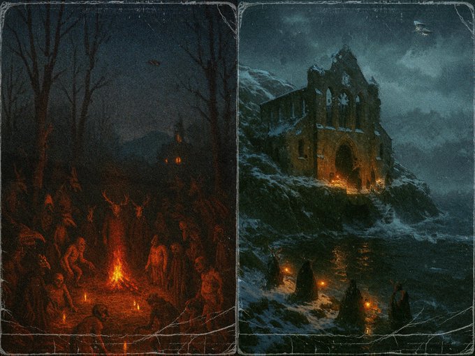 Two dark, wintry digital fantasy scenes are shown side by side: hooded figures gather around a fire in a forest, while cloaked travelers approach a ruined monastery amid snow. The post describes losing an auction for both artworks by @Voxelemon to @osseneth, only to have them gifted to the writer’s wallet shortly afterward.