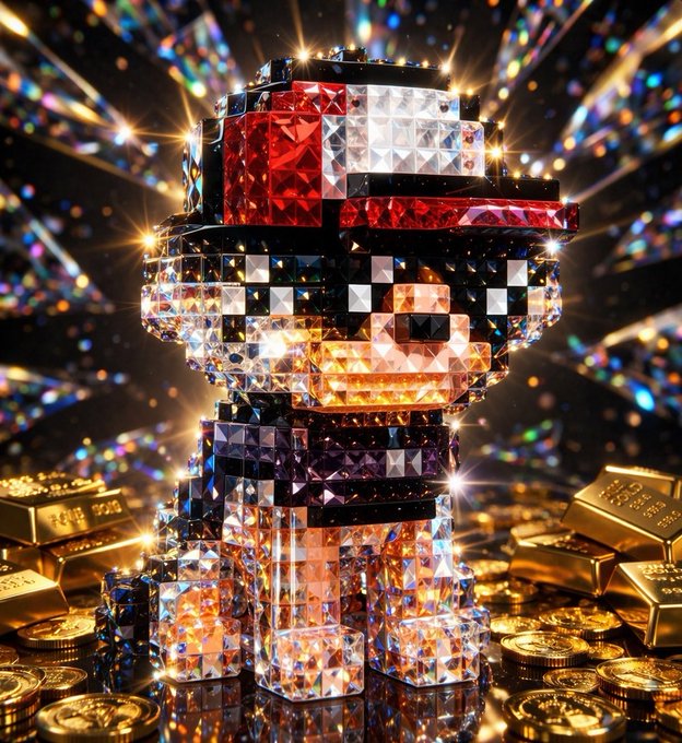 A pixel-art figure made of sparkling gems stands against a colorful, starry background, surrounded by gold bars and coins.