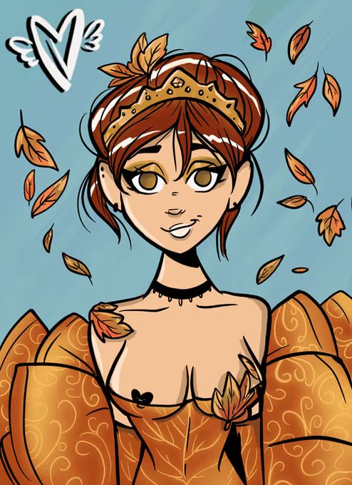 An illustration of a stylized female character with brown hair and a gold crown, wearing an orange patterned outfit as autumn leaves fall around her. This artwork represents one of the "exclusive" digital assets mentioned in the post, showcasing the value available at a low price point.