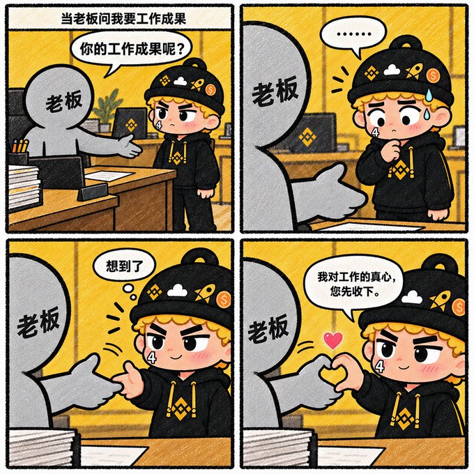 A four-panel comic shows an anxious employee (Palu) being asked by his boss "你的工作成果呢？" (Where are your work results?). When pressed, he responds with "我对工作的真心，您先收下" (Please accept my sincerity toward work first) while making a heart shape, humorously sidestepping the lack of actual deliverables.