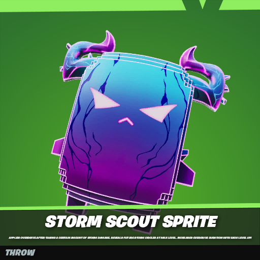 A blue and purple cartoonish creature with horns and a grumpy face is displayed on a green background, with the caption "STORM SCOUT SPRITE" identifying it as the newly unvaulted item mentioned in the post.