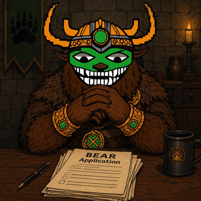 An illustrated, cartoon-style bear character wearing a horned viking helmet and gold jewelry sits at a desk, grinning widely with clasped paws over a stack of papers labeled 'BEAR Application'.