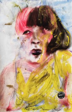 A vibrant watercolor-style portrait painting of a person with pink and red hair, featuring bold splashes of yellow, pink, and black colors.