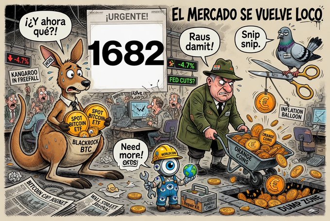 The image features a cartoon illustration of a man holding a large amount of money, surrounded by various objects such as a kangaroo, scissors, and coins. The scene also includes text that reads "1682 mailchi.mp/diariobitcoin/ ... Alemania su delta …" which could be interpreted as the artist's signature or possibly an email address. The image is related to Bitcoin, with the man holding money symbolizing its value.