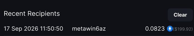 A MetaWin transaction record shows a win of 0.0823 ETH ($199.92) sent to "metawin6az" on 17 Sep 2026, nearly matching the $200 giveaway win celebrated. The "Recent Recipients" header and Clear button suggest this is a withdrawal or payout history screen confirming the prize payout.