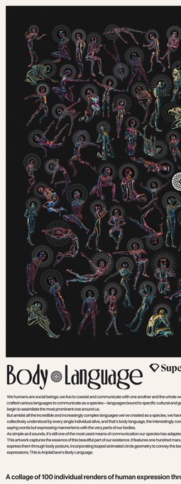 An art piece titled 'Body Language' featuring a colorful collage of 100 individual illustrations of human poses and expressions against a black background.