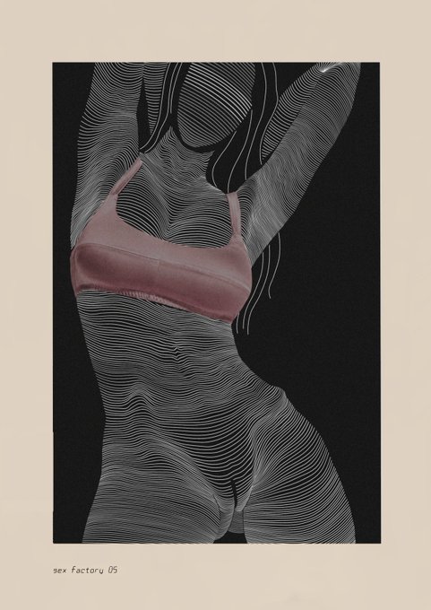 An artistic illustration of a figure in a pink top and shorts, rendered with flowing white wavy lines against a black background, labeled 'sex Factory 05'.