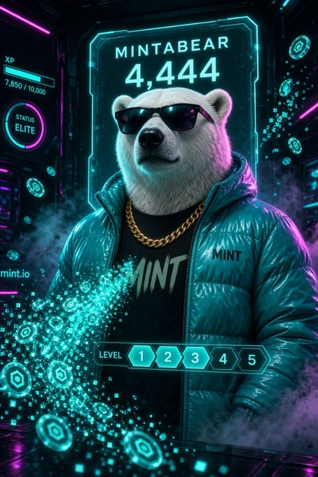 A polar bear mascot wearing sunglasses and a teal puffer jacket stands beneath a glowing digital display reading "MINTABEAR 4,444," featuring XP progress at 7,850/10,000 and an "ELITE" status badge. The cybernetic aesthetic with floating mint tokens and a level tracker (1–5) visually reinforces the post's focus on the MintABear project from PlayOnMint preparing to launch on Robinhood.