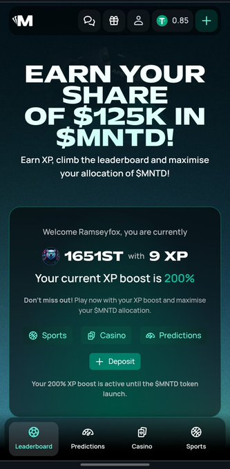 A mobile app screen displaying 'EARN YOUR SHARE OF $125K IN $MNTD!' with a leaderboard rank of 1651ST and a 200% XP boost offer.