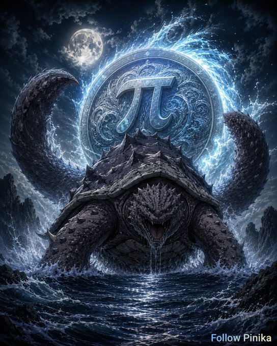 Fantasy digital artwork depicting a massive armored turtle-like creature emerging from stormy waters beneath a glowing Pi (π) coin symbol and a full moon, credited to 'Follow Pinika' in the corner.