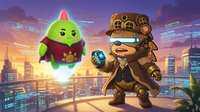 A cheerful green blob-like character with a red mohawk floats in a red vest while a steampunk-styled bear wearing goggles, a top hat, and a long coat holds a glowing device, set against a sunset cityscape with floating text like "circadian rhythms," "energy peaks," and "when rhythms." The whimsical scene complements the post's message about circadian patterns and energy fluctuations, with the characters seemingly analyzing the morning rhythm conversation.