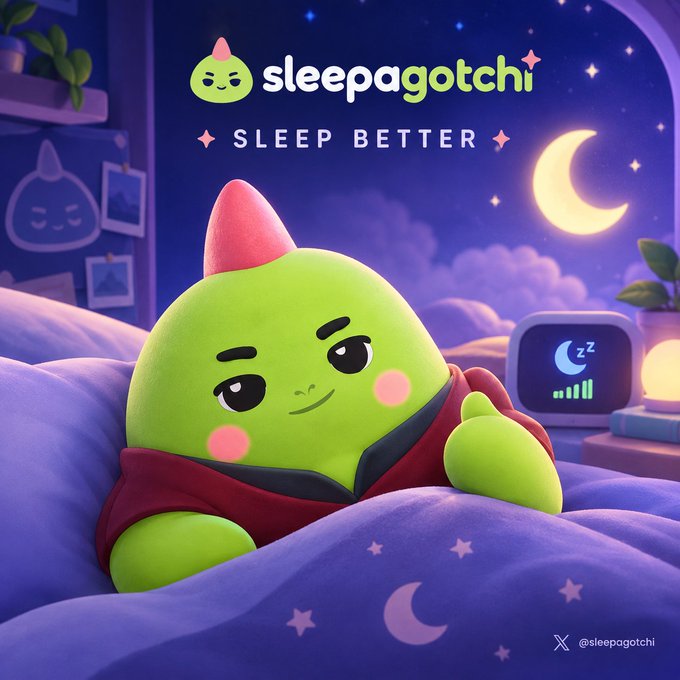 A 3D-rendered green character with a pink mohawk tucked into purple bedding under a starry night sky, with the text 'sleepagotchi ✨ SLEEP BETTER ✨' and the handle '@sleepagotchi'.