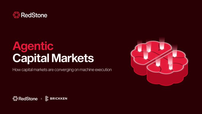 A RedStone promotional graphic titled 'Agentic Capital Markets' with the tagline 'How capital markets are converging on machine execution,' featuring a red cloud/server icon and a collaboration logo with BRICKKEN.