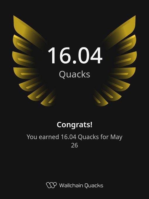 The image features a screenshot of an app called "quacks" that congratulates its user for earning 16.04 Quacks within one day, which suggests they have accomplished something significant or successfully completed a challenge. The app displays this achievement through the use of a gold-colored emblem with wings, signifying success. This positive recognition from the app may serve as motivation and encouragement for users to continue exploring and engaging in other Quacks-related activities.