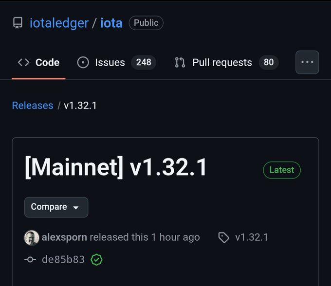 A GitHub repository page for 'iotaledger / iota' showing the latest release '[Mainnet] v1.32.1' released by alexsporn.