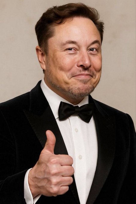 A portrait of Elon Musk wearing a black tuxedo with a bow tie, smiling slightly and giving a thumbs up against a beige background.
