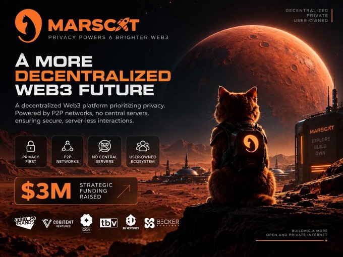 A MarsCat-branded promotional graphic featuring an orange tabby cat wearing a backpack, gazing at Mars, advertises the platform's privacy-focused, decentralized Web3 services, highlighting "$3M Strategic Funding Raised" and key features like "P2P Networks," "No Central Servers," and "User-Owned Ecosystem."
