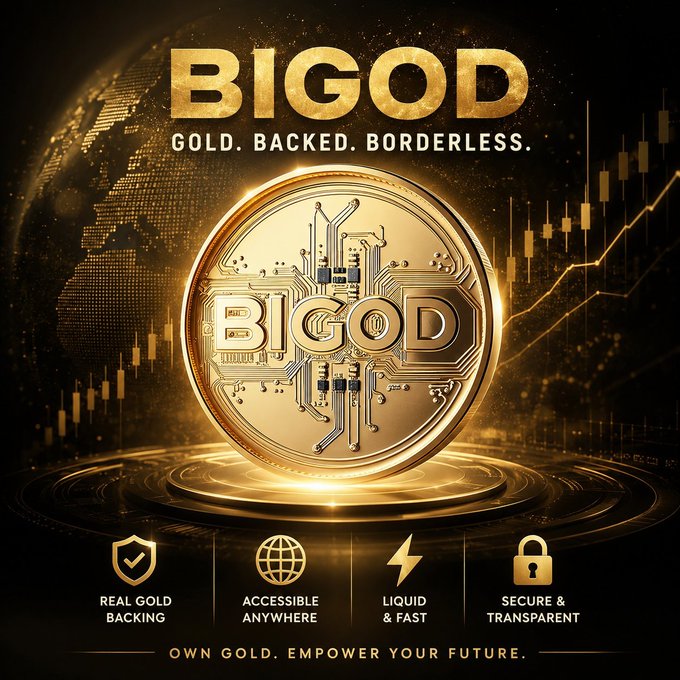 Promotional graphic for BIGOD cryptocurrency featuring a gold coin with circuit design, labeled 'GOLD. BACKED. BORDERLESS.' with features including Real Gold Backing, Accessible Anywhere, Liquid & Fast, and Secure & Transparent.