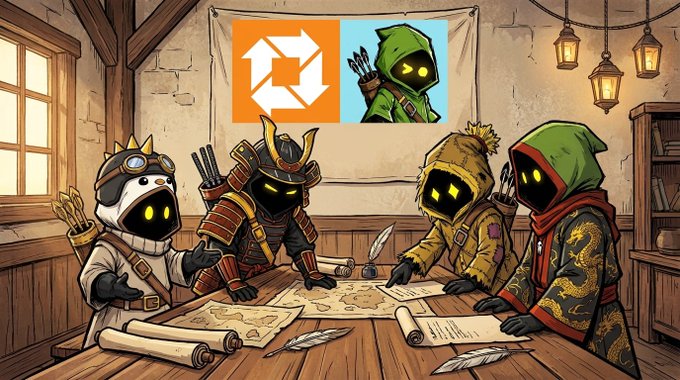 Four hooded and armored warrior characters gather around a wooden table covered in scrolls, quills, and maps, planning their strategy—visually representing the upcoming Hooja NFT collection launch on the Unvault platform, with logos of Unvault (orange) and Hooja (green hooded archer) displayed on the banner behind them.