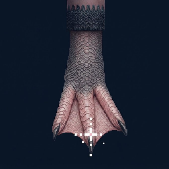 A 3D render of a dinosaur-like foot with scales and claws wearing a dark knitted sleeve against a dark blue background.