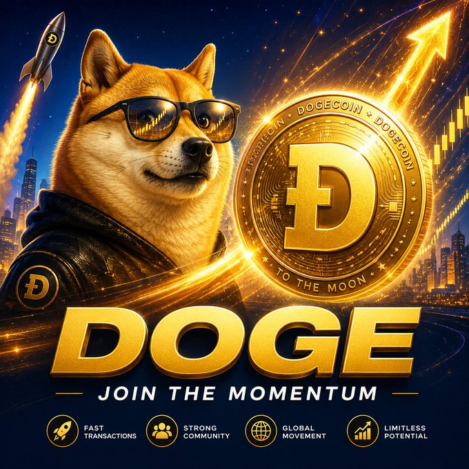 The image features a cartoon dog wearing sunglasses, standing next to a golden Doge coin with an upward-pointing arrow. Below these elements, there are text that reads "DOGE" and "JOIN THE MOMENTUM". The background of the image is blue, and it has various icons related to cryptocurrency and finance, such as a Bitcoin symbol and a stock market graph.

The post seems to be promoting a new era for cryptocurrencies or a Dogecoin-related project. It encourages users to join the momentum by participating in the cryptocurrency movement, which could potentially lead to financial gains and increased global connectivity through the use of digital currency.