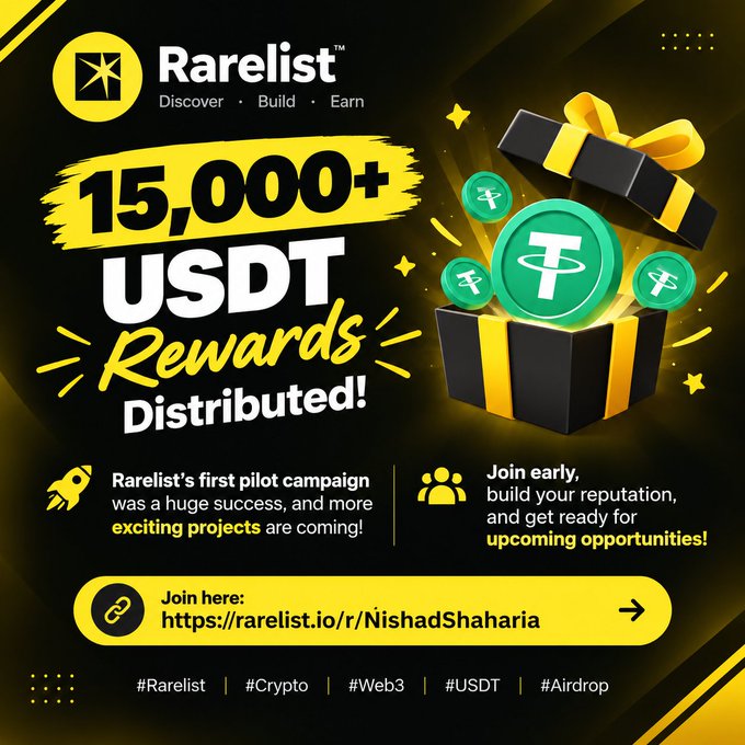 A promotional graphic for Rarelist announcing '15,000+ USDT Rewards Distributed!' with a join link https://rarelist.io/r/NishadShaharia and hashtags #Rarelist, #Crypto, #Web3, #USDT, #Airdrop.