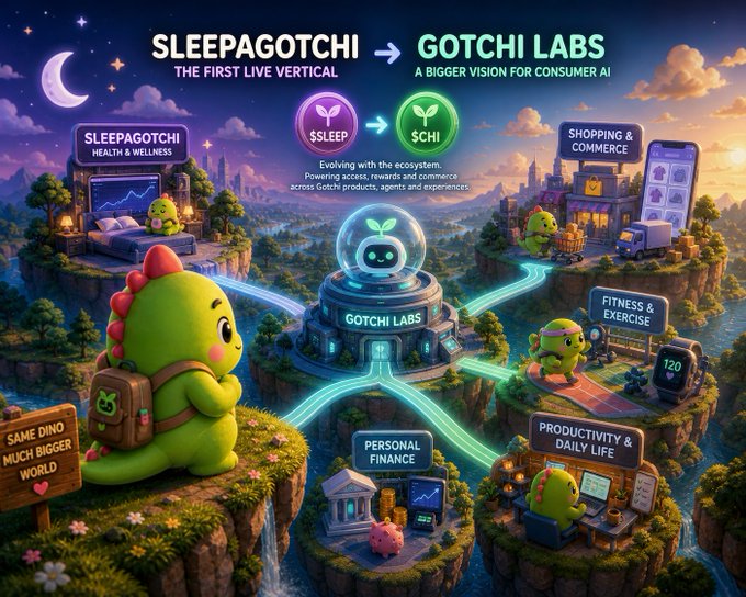 A promotional graphic for 'SLEEPAGOTCHI → GOTCHI LABS' showing the evolution from a sleep-focused vertical to a broader consumer AI ecosystem across health, commerce, fitness, personal finance, and productivity.