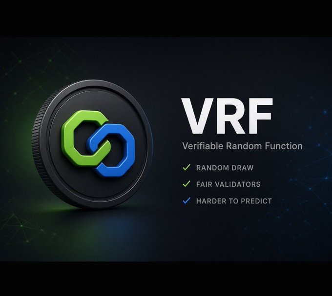 A graphic displaying a 3D coin with a green and blue chain link logo, alongside the text 'VRF - Verifiable Random Function' with bullet points 'RANDOM DRAW', 'FAIR VALIDATORS', and 'HARDER TO PREDICT'.