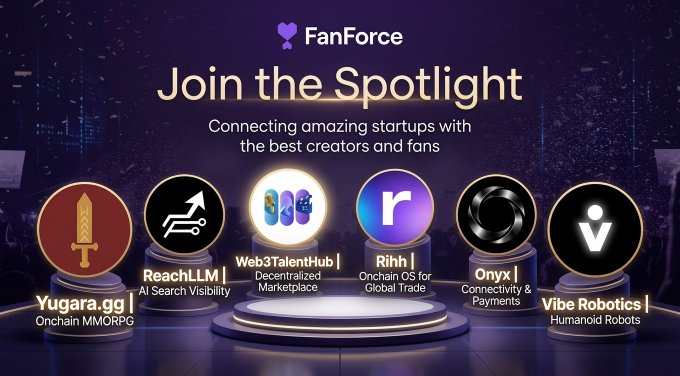 A 'FanForce - Join the Spotlight' promotional graphic featuring six startups: Yugara.gg, ReachLLM, Web3TalentHub, Riih, Onyx, and Vibe Robotics.