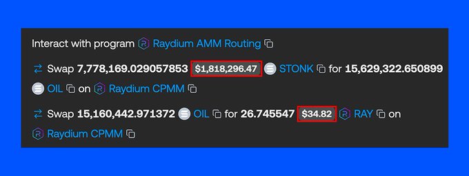 The image displays a Raydium AMM Routing transaction log showing a catastrophic swap of 7,778,169 $STONK for only $1,818,296.47, followed by a second swap of 15,160,442.97 $OIL for just $34.82 in $RAY on Raydium CPMM. These red-highlighted figures illustrate the post's point about a trader losing nearly $1.8M due to a bad routing path sending tokens through illiquid pools on Raydium.