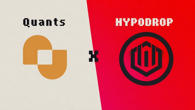 The image displays a partnership banner featuring the "Quants" logo on a cream background alongside the "HYPODROP" logo on a red background, separated by an "X" to indicate collaboration. This visually represents the announcement of HypoDrop's giveaway collaboration with Quants, the official OG NFT project by @tryquantio, offering 30 whitelist spots for a free mint.
