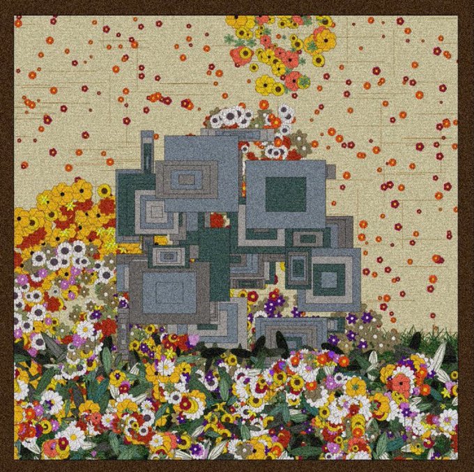 An artwork featuring a stylized, geometric blocky robot figure in shades of blue and grey, surrounded by a vibrant field of colorful flowers and floating petals.
