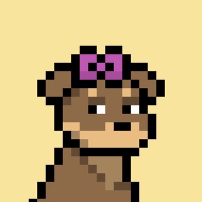 A pixel art image of a brown dog wearing a pink bow on its head against a yellow background, likely another Doginal Dogs inscription.