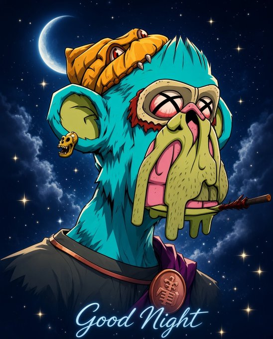 A stylized digital illustration shows a turquoise zombie-like ape character with X eyes, wearing a skull earring and a medic-style pendant, against a starry night sky with a crescent moon and the text 'Good Night'.