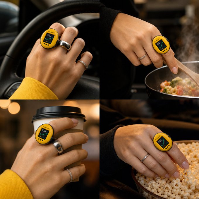 The image shows a collage of four scenes featuring a person wearing a yellow smart ring (resembling a fitness/health tracker) on their thumb while performing daily activities: driving, cooking a pan of food, holding a coffee cup, and reaching into a bowl of popcorn.

The post "say less" complements the image by suggesting the ring's multifunctional purpose speaks for itself—tracking health and activity seamlessly throughout various everyday moments without needing explanation.