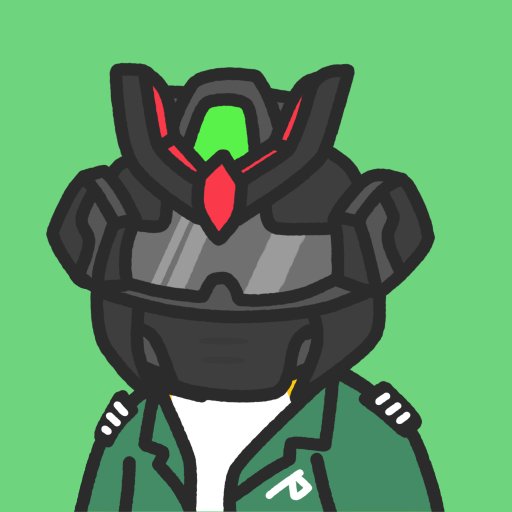 A cartoon-style illustration of a character wearing a futuristic black and red mecha-style helmet and a green jacket with a 'P' logo.