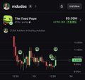The image shows a candle price chart for The Real Pepe ($TOAD) on Mdex, with a current price of $0.0001, displayed in a green-framed interface featuring Pepe the Frog graphics. This chart aligns with the post's context of gifting $30 worth of $TOAD tokens to the creator of an airdrop tracker, highlighting the meme token's trading activity.
